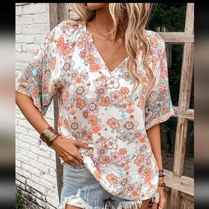 SHEIN Floral V-Neck Blouse XL - 12 in Orange and Pink
